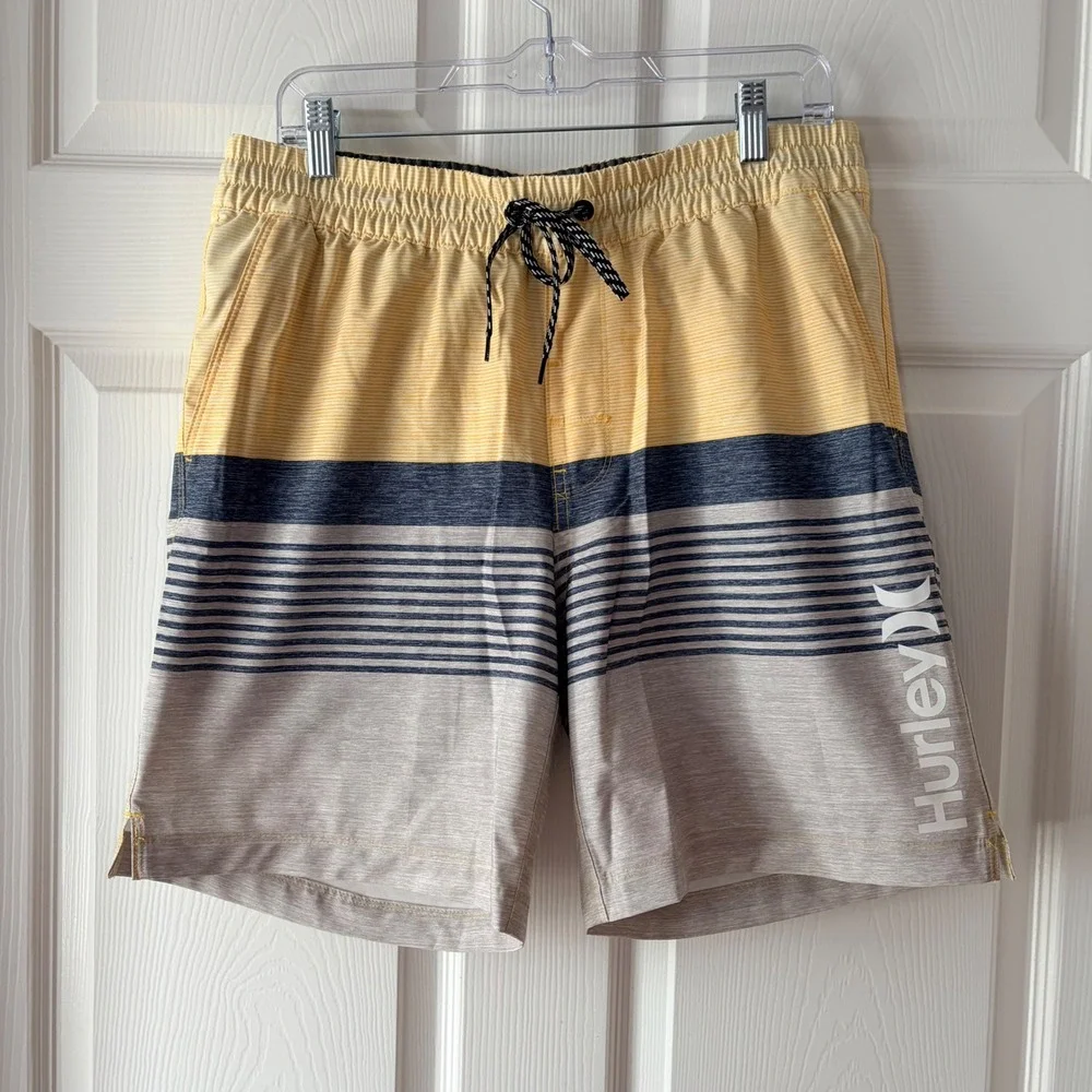 Hurley Mens Large Striped Board Shorts Yellow Blue Grey Elastic Waist Swim Trunk